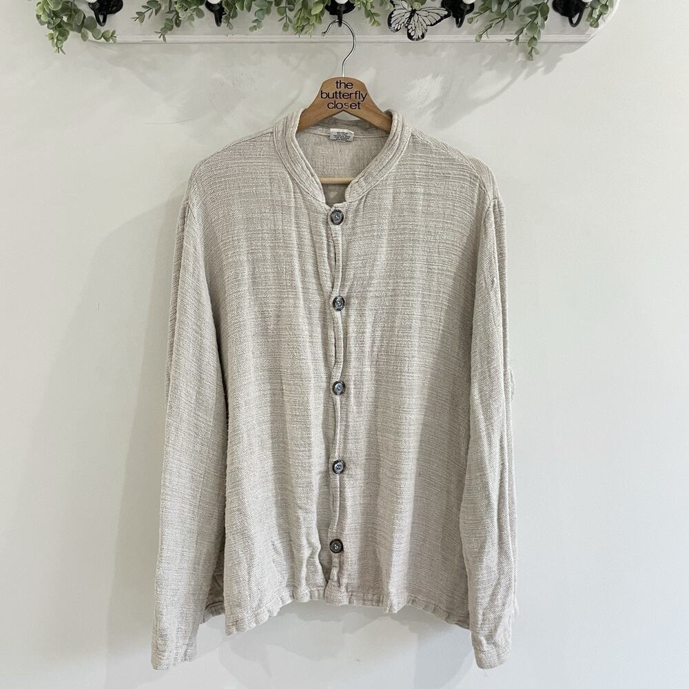 Vintage CP Shades tan textured Linen Band Collared Long-sleeve button Sweater L